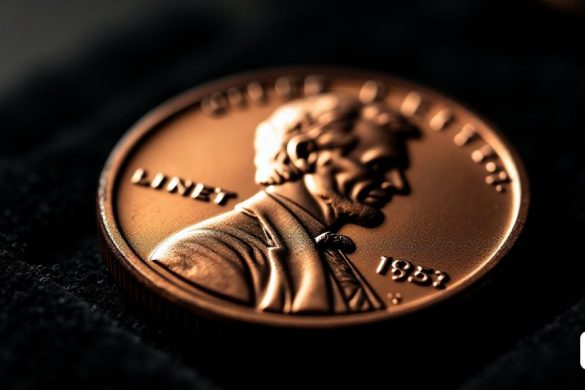 Una vista de primer plano de una rara moneda de un centavo de 1983, que muestra sus características únicas. La moneda se coloca sobre un fondo de terciopelo oscuro, mejorando su brillo y detalles. La superficie de la moneda es lisa, con un ligero reflejo que atrapa la luz, revelando el intrincado diseño del perfil de 'Lincoln', que se muestra prominentemente en el centro. El borde de la moneda está ligeramente desgastado, lo que indica su edad, pero los detalles permanecen agudos. En particular, no hay una marca de menta visible en la moneda, destacando su rareza. Debajo de la imagen de 'Lincoln', la inscripción 'One Cent' es claramente visible, con una leve impresión doble, lo que indica el error 'Duplice Die Reverse' que se suma a su valor. La composición general está enmarcada con una iluminación sutil que arroja sombras suaves, enfatizando las características de la moneda y lo convierte en el punto focal de la imagen.