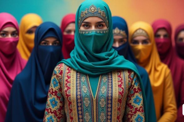 El póster presenta una imagen sorprendente de una 'mujer' adornada en un 'niqab', una prenda islámica tradicional que cubre toda la cara, excepto los ojos. El Niqab está intrincadamente diseñado, con patrones elegantes tejidos en la tela, mostrando una combinación de patrimonio cultural y estética moderna. El fondo del póster es una vibrante mezcla de colores, que simboliza la celebración del 'Día Internacional de la Mujer' el 8 de marzo. Alrededor de la figura vestida de niqab hay otras siete 'mujeres', cada una vestida con varios estilos de pañuelos en la cabeza, incluidos 'hijabs' que cubren solo el cabello y 'chadores' que cubren los hombros y cubren parcialmente la cara. La atmósfera de la imagen es a la vez empoderadora y controvertida, ya que yuxtapone la celebración de los derechos de las mujeres con la representación de prendas a menudo criticadas por simbolizar la opresión. El texto en el póster, escrito en cartas en negrita, exige participación en las actividades feministas organizadas por el conse