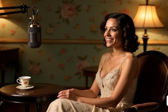 En un conjunto de entrevistas bellamente iluminadas, Verónica Sánchez se sienta con gracia en un sillón antiguo, exudando elegancia que recuerda a la década de 1920. El telón de fondo presenta un fondo de pantalla intrincado con patrones florales en pasteles suaves, evocando el encanto de una época pasada. Una pequeña mesa ornamentada a su lado contiene una delicada taza de té de porcelana, su diseño se hace eco del arte de la época. Verónica, vestida con un vestido fluido e inspirado en el período adornado con encaje y lentejuelas sutiles, tiene su cabello peinado en olas suaves, que recuerdan al clásico glamour de Hollywood. Su expresión está animada mientras habla, mostrando su entusiasmo por su papel en 'La Favorita 1922'. La iluminación cálida resalta sus rasgos, lanzando un brillo suave que mejora la atmósfera nostálgica. En primer plano, un micrófono vintage captura la esencia de la entrevista, simbolizando su conexión con el mundo de la televisión y la narración de historias. La escena está llena de u