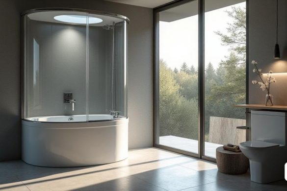 Imagine una elegante y moderna 'cabina', diseñada con un 'formato ergonómico' que se adapta perfectamente a los espacios pequeños. La 'cápsula Duxa' tiene un exterior suave y minimalista, con acabados en 'materiales sostenibles' que reflejan la luz. En el interior, la 'iluminación LED ajustable' crea una atmósfera relajante, cambiando de color para adaptarse al estado de ánimo del usuario. Se activa un sistema de 'vapor', que rodea el espacio en una 'nebulosa' suave, mientras que la aromaterapia llena el aire con fragancias calmantes. La 'pantalla táctil' permite al usuario personalizar su experiencia, ajustando la 'temperatura' del agua y la 'intensidad' de los 'rayos de agua' que proporcionan un masaje revitalizado. En las paredes, la seguridad segura de las 'superficies sinlips' ', mientras que un sistema autónomo mantiene el espacio higiénico. En una esquina, los 'altavoces Bluetooth' emiten música suave, completando la experiencia de 'bienestar' en este baño 'cápsula' que combina 'estética' y 'funcionali