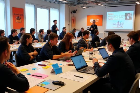 La escena captura la atmósfera vibrante de la '6ª edición de Econnect', celebrada en el 'Espai Jove La Nau'. El espacioso lugar está lleno de 'estudiantes' de varios centros educativos, todos involucrados en intensas discusiones y trabajo colaborativo. Los grupos de '15 equipos 'están dispersos en grandes tablas, cada una adornada con computadoras portátiles, cuadernos y coloridas notas post-it, que muestran sus proyectos innovadores. Las pancartas brillantes que muestran el logotipo del evento cuelgan de las paredes, mientras que las ventanas grandes permiten que la luz natural inunde la habitación, creando un ambiente enérgico. En una esquina, un panel de jueces, incluidos 'Miquel MediaDea' y 'Joan Melero', escucha atentamente una presentación, sus expresiones que reflejan interés y curiosidad. El proyecto 'Cultural Fusion' se exhibe en una pantalla grande, que ilustra el concepto de un servicio de entrega para los productos de la cooperativa. Los estudiantes discuten animadamente ideas, y algunos usan gest