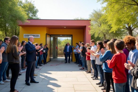 La escena captura la vibrante inauguración de 'L’Espai Jove', una instalación municipal de nuevo construcción en Els Pallaresos. En primer plano, un grupo de entusiastas 'jóvenes' se reúne, sus caras iluminadas con emoción. Están parados en un camino recién pavimentado que conduce a la entrada del edificio, que cuenta con un diseño moderno con grandes ventanas de vidrio que refleja el sol de la tarde. El edificio en sí, que mide '100 metros cuadrados', está pintado en colores brillantes, dándole una apariencia animada y acogedora. A la izquierda, 'Jordi Sans', el alcalde, se ve revelando una placa conmemorativa, su expresión seria pero orgullosa, mientras que a su lado, 'Noemí llauradó', el presidente del diputació, aplaude sus manos con aprobación. El fondo está lleno de vegetación, con árboles que se balancean suavemente en la brisa, y una pancarta que lee 'inauguració de l’pai Jove' cuelga sobre la entrada. Cerca, algunos de los jóvenes asistentes están sosteniendo letreros con solicitudes de 'mesa de ping