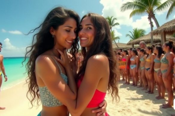 La escena captura un momento dramático del reality show 'Supervivientes', ubicado en una playa bañada por el sol con vibrantes aguas turquesas y arenas doradas. En primer plano, dos concursantes, Laura Cuevas y Ángela Ponce, están encerrados en un abrazo sincero, sus caras una mezcla de alegría y tristeza. Los ojos de Laura brillan con lágrimas de felicidad, mientras que la expresión de Ángela refleja una despedida agridulce. Al rodearlos, otros concursantes de Playa Furia y Playa Calma se paran en un semicírculo, algunos con lágrimas corriendo por sus caras, otros aplaudiendo y vitoreando, creando una atmósfera de emociones mixtas. El telón de fondo presenta palmeras que se balancean suavemente en la brisa, y el sol arroja un brillo cálido, mejorando el peso emocional del momento. Una gran pancarta que lee 'Supervivientes' se agita en el viento, mientras que el anfitrión, Jorge Javier Vázquez, se encuentra cerca, micrófono en la mano, capturando la esencia del evento. El estado de ánimo general es de camarad