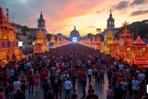 La escena está ambientada en la vibrante 'Plaza de la Sardana', llena de emoción mientras el '47º Carnaval de Terra Endins' se prepara para comenzar. El cielo está pintado en tonos de naranja y rosa cuando el sol comienza a ponerse, arrojando un cálido brillo sobre la multitud que se acumula. Se alinean los coloridos 'carros', cada uno adornado con decoraciones elaboradas, luces brillantes y 'disfraces' vibrantes que reflejan el espíritu festivo del evento. Entre los 25 flotadores participantes, los flotadores de categoría A 'más grandes se destacan con sus intrincados diseños, que se elevan por encima de la multitud, mientras que los flotadores' Categoría B ', ligeramente más pequeños, son igualmente cautivadores con temas creativos. Se ve a grupos de 'participantes' en atuendos deslumbrantes ensayando sus rutinas, algunos practicando movimientos de baile, mientras que otros están ocupados ajustando sus disfraces, todo zumbando con anticipación. El ambiente es eléctrico, lleno de risas, música y el aroma de