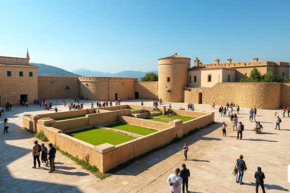 La escena representa el 'Avançades de Sant Joan' y el 'Fortí d’Orleans', dos fortificaciones históricas en Tortosa, España, con un claro cielo azul. El primer plano presenta una vibrante 'Plaza d’Armes' con un modelo tridimensional detallado de las fortificaciones, lo que permite a los visitantes apreciar la escala y las complejidades de las estructuras. Al rodear el modelo, veinticinco 'Faristols' muestran textos e ilustraciones informativas, proporcionando un contexto histórico. En el fondo, dos 'espacios escénicos' son visibles, uno en interiores y el otro aire libre, mostrando 'siluetas bidimensionales' de soldados en atuendo de época, junto con réplicas de 'cañones' y otros artefactos militares. El ambiente es animado, con turistas y locales que exploran el área, algunos comprometidos con exhibiciones y videos interactivos que narran la historia de los sistemas defensivos de Tortosa desde el siglo XVII a principios del XIX. El 'Fortí d’Orleans' se encuentra majestuosamente en la distancia, su 'camino cub