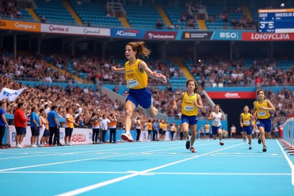 La escena se desarrolla en el 'Pista Coberta de Sabadell', una vibrante arena de atletismo interior llena de energía y emoción. La atmósfera es eléctrica ya que los atletas jóvenes compiten en varios eventos durante el 'Jornada final Dels Campionats de Catalunya Sub-12 I Sub-14'. La pista es un azul brillante, contrastante con los coloridos uniformes de los atletas, muchos de los cuales representan el 'C.A. IGUALADA PETROMIRALLES/AIGUA DE RIGAT '. Los espectadores llenan las gradas, animando con entusiasmo, agitando banderas y pancartas en apoyo de sus equipos. En primer plano, un joven atleta, 'Aaron Ceusán', es capturado a mitad de acción mientras se eleva a través del aire en el salto de longitud, su expresión enfocada y determinada, con la cinta de medición visible en el fondo que indica su impresionante salto de '4.57 m'. Cerca, un grupo de niñas se está preparando para los obstáculos, mostrando su agilidad y fuerza, mientras que otro atleta, 'Flavia Castillo', se ve corriendo la pista en el '200 M.Ll.'