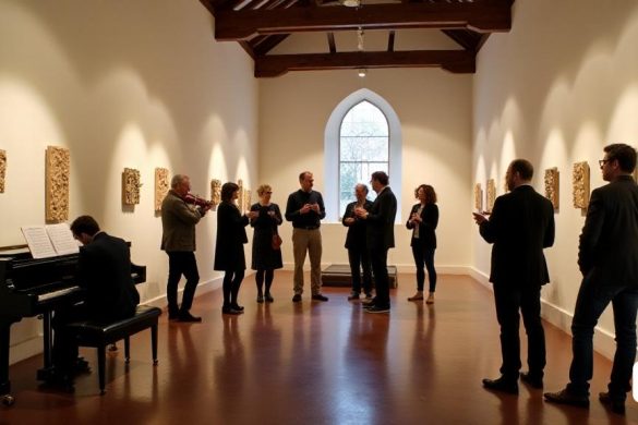 La imagen captura el interior sereno de la 'Capella de Sant Joan' en Vilafranca, adornada con la última exposición de Fèlix Plantalech, 'Consteŀlacions Am Música callada'. Las paredes de la capilla están pintadas en tonos suaves y apagados, creando una atmósfera tranquila. Quince piezas únicas de medios mixtos y arte de cerámica se muestran en toda la nave, cada pieza intrincadamente elaborada, mostrando una combinación de texturas y colores que evocan una sensación de armonía y conexión. Las obras de arte están iluminadas por una iluminación suave y cálida, que funden sombras suaves que mejoran sus formas tridimensionales. En primer plano, un pequeño grupo de entusiastas del arte, vestidos con un atuendo informal inteligente, participan en discusiones animadas, sus expresiones que reflejan la curiosidad y la admiración. Un piano de cola se sienta en una esquina, insinuando la próxima actuación musical, mientras que la partitura de una soprano descansa en un soporte cercano, revoloteando ligeramente en la sua