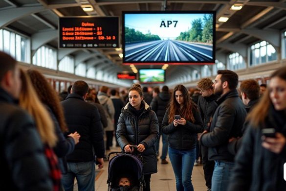 La imagen captura una escena bulliciosa en una estación de tren, donde se ve a una multitud diversa de viajeros esperando ansiosamente sus trenes. La plataforma está llena de señalización de 'Rodalies', lo que indica el servicio de tren regional, mientras que el fondo presenta una gran pantalla digital que muestra horarios de trenes retrasados ​​en rojo, creando una sensación de urgencia. Algunos pasajeros están mirando sus relojes, mientras que otros están absortos en sus teléfonos, destacando la dependencia moderna de la tecnología. En primer plano, una madre con un cochecito está tratando de navegar a través de la multitud, su expresión es una mezcla de determinación y preocupación. Cerca, un grupo de adultos jóvenes está discutiendo animadamente sus planes, su risa contrasta fuertemente con la tensión en el aire. Por encima de ellos, un póster grande que promueve la carretera 'AP-7' es visible, que representa un camino suave con tráfico pesado, simbolizando las continuas luchas de transporte en la región.