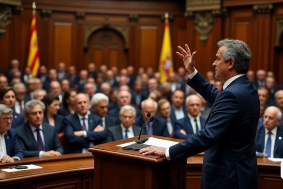 La imagen captura una escena política dinámica en una gran cámara parlamentaria, llena de una diversa asamblea de políticos dedicados a un acalorado debate. La cámara está adornada con paneles de madera rica y oscura y decoraciones adornadas que reflejan un sentido de historia y tradición. En primer plano, una figura prominente, Alejandro Fernández, se encuentra con confianza en el podio, gesticulando enfáticamente con una mano levantada, mientras su otra mano descansa en el atril. Su expresión es una mezcla de determinación e ironía, ya que aborda la asamblea con un discurso apasionado sobre las contradicciones del "procesamiento del proceso". Detrás de él, la audiencia es una mezcla de caras atenta, escéptica y animada, que representa varias afiliaciones políticas. Algunos miembros de la Asamblea se inclinan hacia adelante, ansiosos por atrapar cada palabra, mientras que otros parecen distraídos o susurrados entre sí. Las banderas de Cataluña y España se muestran prominentemente en segundo plano, simbolizan