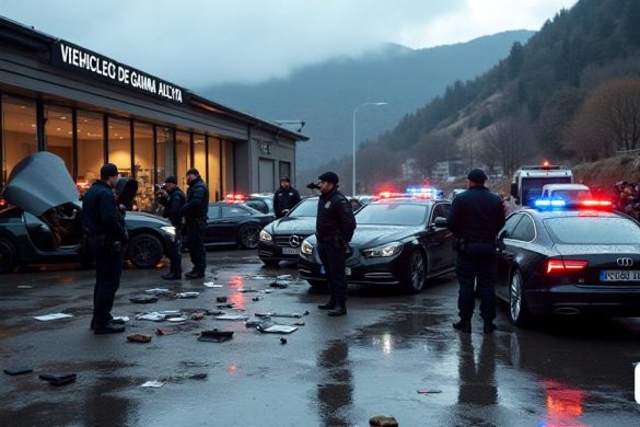 La imagen captura una escena tensa fuera de un concesionario de vehículos de alta gama en Andorra, rodeada de vehículos policiales con luces intermitentes. En primer plano, un grupo de oficiales uniformados de la 'Policia d’Andorra', 'Gendarmeria Nacional Francesa' y 'Policia Nacional Espanyola' se dedican a una operación coordinada. Están examinando autos de lujo, algunos con sus puertas abiertas, revelando interiores de cuero de lujo y tecnología de última generación. En el fondo, un elegante auto deportivo negro está siendo remolcado, mientras que se ve a otro oficial documentando evidencia con una cámara. La atmósfera está acusada de urgencia cuando los investigadores revisan a través de documentos dispersos y dispositivos electrónicos en el suelo, insinuando la extensa operación de 'Blanqueig de Capitals'. El signo del concesionario, mostrado de manera prominente, dice 'Vehicles de Gamma Alta' ', lo que sugiere el tipo de comercio ilícito bajo escrutinio. Cerca, se ve a un oficial de policía bloqueando e