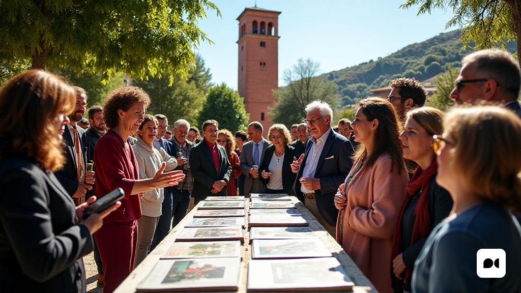 La imagen captura una escena vibrante junto al 'Torre Roja' de 'Sant Pere de Vilamajor'. En primer plano, un grupo diverso de personas se reúne, involucrado en discusiones animadas, sus expresiones que reflejan la emoción y el orgullo. Entre ellos se encuentra 'Susanna Martori', la alcaldesa, gestamente apasionadamente mientras habla sobre la importancia de la publicación recientemente publicada, 'El Turo de Sant Elies'. El telón de fondo presenta el llamativo 'Torre Roja', su fachada de ladrillo rojo que contrasta maravillosamente con las exuberantes colinas verdes que lo rodean. La luz del sol se filtra a través de los árboles, lanzando sombras moteadas en el suelo e iluminando una mesa de exhibición cercana adornada con copias del libro, cada portada muestra una representación artística del 'turo'. En el fondo, se ven 'Virgínia Cepero', 'Higini Herrero' y 'Enric Planas' discutiendo los intrincados detalles de la publicación, con mapas y fotografías extendidas ante ellos. Una pancarta que anuncia el evento
