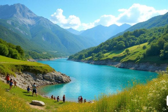 Se desarrolla un vibrante paisaje de catalunya, que muestra un exuberante valle verde bañado a la cálida luz del sol. El primer plano presenta un depósito de cristal, 'Embassament', con agua brillante que refleja el cielo azul. Alrededor del embalse hay colinas verdes salpicadas de flores silvestres en 'colores vívidos': otros, púrpuras y blancos. En el fondo, las majestuosas montañas de 'Pirineus' se elevan, sus picos coronados con 'nieve brillante', insinuando el inminente 'Desglaç' que alimentará a los ríos debajo. Unas pocas nubes blancas esponjosas se desplazan perezosamente por el cielo, lanzando sombras suaves en el paisaje. A la izquierda, un grupo de personas, tal vez familias, disfrutan de un día soleado junto al borde del agua, algunas con 'cestas de picnic' y otras tomando fotografías del paisaje. La atmósfera está llena de una sensación de esperanza y renovación, lo que refleja los recientes cambios positivos en los niveles de agua a través de Catalunya. Esta escena encapsula la alegría y el aliv