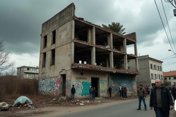 Un edificio en ruinas se encuentra prominentemente en el 'a través de Júlia' en el vecindario 'Verdum', su estructura incompleta que revela 'concreto' expuesto y 'vigas de acero' que insinúan un proyecto de renovación una vez ambicioso. La fachada se ve empañada por 'graffiti' y 'pelado de pintura', que muestra el paso del tiempo y la negligencia. Al rodear el edificio, se puede ver un grupo de "vecinos" preocupados, sus expresiones una mezcla de "frustración" y "preocupación", mientras discuten los problemas en curso causados ​​por los ocupantes ilegales. Dispersos alrededor del área hay signos de 'incivismo', incluidos montones de 'basura' y restos de 'incendios improvisados', que se suman al sentido del desorden. En el fondo, las nubes oscuras se cierran por encima, lo que sugiere una lluvia inminente que amenaza con exacerbar las ya problemáticas 'fugas de agua' que afectan las casas adyacentes. La atmósfera es tensa, con un sentido palpable de urgencia mientras la comunidad espera el resultado de los pro