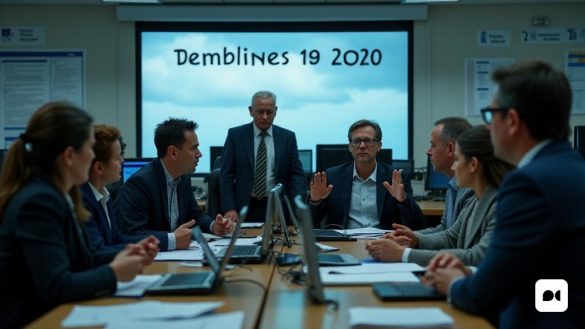 Un entorno tenso de 'oficina' lleno de empleados 'gubernamentales', cada uno sentado en sus 'escritorios' abarrotados de 'documentos' y 'computadoras'. La atmósfera se encarga de 'ansiedad' a medida que los trabajadores discuten las 'negociaciones' en curso con representantes de 'Unión'. En primer plano, un grupo de 'empleados' se reúne alrededor de una 'mesa', sus expresiones una mezcla de 'frustración' y 'determinación'. Una empleada, una mujer con 'gafas', está gesticulando enfáticamente, mientras que otro, un hombre con un 'bloc de notas', toma notas. En el fondo, una gran 'pantalla' muestra las fechas de 'fecha límite' para la próxima campaña de 'Declaración de impuestos', destacando la urgencia de la situación. Las 'paredes' están adornadas con 'carteles' promoviendo 'trabajo en equipo' y 'colaboración', que contrastan fuertemente con la discordia actual. Fuera de la 'ventana', se acerca un sombrío 'cielo', simbolizando la incertidumbre que se cuelga sobre la 'agencia fiscal' a medida que enfrentan 'hue