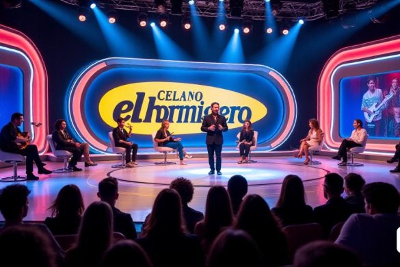 Un estudio de televisión vibrante y dinámico, lleno de luces coloridas y una atmósfera animada. El telón de fondo presenta el logotipo icónico de 'El Hormiguero', iluminado en tonos brillantes 'amarillos' y 'azul'. En primer plano, un elegante y moderno escenario está configurado con cómodas sillas para los invitados, rodeados de una audiencia llena de fanáticos emocionados. El anfitrión, 'Pablo Motos', se encuentra en el centro, exudando carisma y energía, listos para comprometerse con su alineación llena de estrellas. A la izquierda, la banda de 'Nancys Rubias' se está preparando para actuar, con instrumentos brillantes bajo las luces del estudio, mientras que 'Mario Vaquerizo' está discutiendo animadamente su próximo sencillo. A la derecha, 'Maribel Verdú' y 'Mariela Garriga' están sentados, compartiendo una risa mientras promueven su nueva serie 'Cuando Nieie Nos Ve', con carteles promocionales del programa se muestran prominentemente detrás de ellos. El ambiente es eléctrico, lleno de anticipación para l