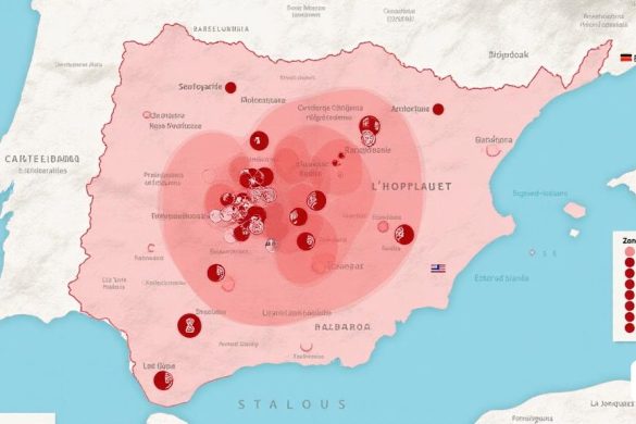 Un mapa detallado de Catalunya que destaca los 'calentes de zonas' de la inmigración, con colores vibrantes que indican áreas de altas poblaciones de inmigrantes. El mapa se superpone con marcas rojas audaces alrededor del área metropolitana de 'Barcelona', 'L'Hospitalet' y 'Badalona', que muestran las concentraciones más altas de inmigrantes. Los círculos rojos más pequeños indican ciudades como 'Guissona', 'Castelló d'Epúries' y 'La Jonquera', que representan localidades con más del 30% de poblaciones de inmigrantes. Cada área marcada está acompañada de pequeños cuadros de texto que muestran estadísticas, como 'Població' y 'extraños', en una fuente clara y legible. El fondo presenta un gradiente sutil de azul claro a blanco, simbolizando el mar y el cielo de las regiones costeras de Catalunya, mientras que las fronteras del mapa están adornadas con íconos que representan la diversidad cultural, como las banderas y los símbolos tradicionales. El tono general de la imagen es informativo pero atractivo, invita