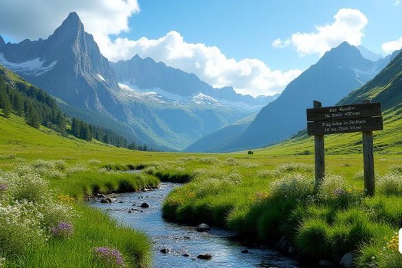 Un paisaje impresionante que representa el exuberante y vibrante paisaje de los puertos de Dels Naturales de Parc, que muestra las secuelas de la reciente 'precipitación' pesada. En primer plano, una corriente suave en el valle verde, sus aguas brillan bajo la suave luz solar. Alrededor de la corriente hay grupos de flores silvestres en tonos de púrpura, amarillo y blanco, creando un pintoresco contraste contra la hierba verde profunda. Las montañas majestuosas se cierran en el fondo, sus picos coronados con 'nieve', restos de la reciente 'nevada' en las altitudes más altas. El cielo es un azul brillante, salpicado de nubes blancas esponjosas, lo que sugiere un descanso en el clima después de una serie de 'tormentas de lluvia'. A la derecha, una señal de madera desgastada apunta hacia varias rutas de senderismo, con un camino que conduce hacia el pico 'Caro', conocido por su significativa precipitación de 410 mm. A lo lejos, se puede ver la silueta de 'Puig Sesolles', de pie con su propia parte de precipitaci