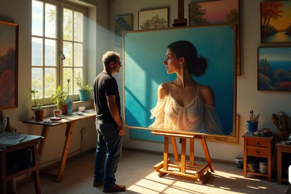 Un retrato cautivador de Horacio Silva, el 'mestre de la llum i l’iMbra', se encuentra en un estudio iluminado por el sol lleno de vibrantes 'colores' y 'texturas'. Las paredes están adornadas con sus 'paisajes' que representan 'bosques exuberantes' y 'mares calmados', que muestran su profunda conexión con la 'naturaleza'. En primer plano, un lienzo captura un momento de 'introspección', donde un personaje está iluminado por una 'luz' suave, revelando sus 'emociones' y 'historia'. El juego de 'Light and Shadow' crea un efecto 'tridimensional', enfatizando la técnica 'Clarobscur' que Silva domina. Los cepillos y los tubos de pintura están dispersos, insinuando su proceso creativo continuo. La atmósfera está llena de una sensación de "reflexión" y "vulnerabilidad", invitando a los espectadores a conectarse con la "complejidad de las emociones humanas" que Silva retrata tan bellamente en su trabajo.