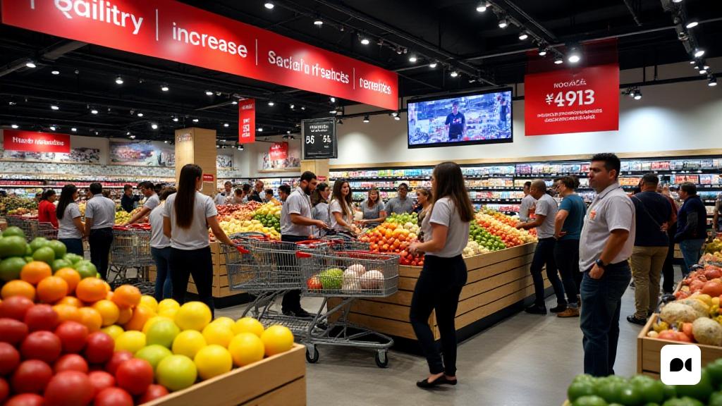 Un supermercado vibrante y bullicioso de 'Mercadona', lleno de coloridos 'productos frescos' y 'estantes' cuidadosamente arreglados repletos de una variedad de 'comestibles'. En primer plano, un grupo diverso de 'empleados' con uniformes de Mercadona 'se dedican a conversaciones amistosas, mostrando un sentido de' comunidad 'y' espíritu de equipo '. El ambiente es animado, con clientes felices de compras, empujando sus 'carros' llenos de 'elementos esenciales'. La 'iluminación' brillante ilumina la tienda, destacando la 'calidad' de los productos. Una gran pancarta se cuelga en lo alto, anunciando el reciente 'aumento salarial' y 'beneficios de los empleados', que simboliza el compromiso de la compañía con su fuerza laboral. En el fondo, una pantalla digital muestra impresionantes 'resultados financieros', que refleja el éxito y la dedicación de la compañía al 'bienestar de los empleados'.
