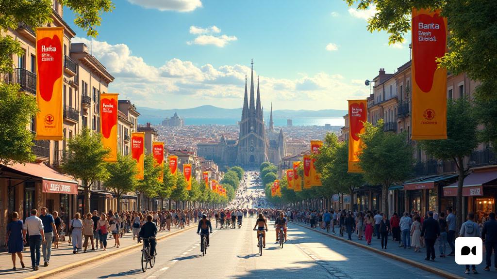 Un vibrante paisaje urbano de 'Cataluña' que muestra el horizonte 'Barcelona', con modernas maravillas 'arquitectónicas' yuxtapuestas contra 'edificios' históricos. El primer plano presenta 'calles' bulliciosas llenas de 'personas' que participan en diversas actividades, simbolizando el renacimiento 'económico'. En el fondo, la icónica 'Sagrada Familia' es alta, que representa el patrimonio 'cultural'. La escena está bañada en una cálida 'luz solar', lanza 'sombras' dinámicas y destaca la 'diversidad' de la población. Los 'banners' que promueven a las empresas locales revolotean en la brisa, mientras que los 'ciclistas' y 'peatones' comparten las 'calles', lo que refleja un compromiso con la 'sostenibilidad'. La atmósfera es de optimismo y 'crecimiento', con 'espacios verdes' intercalados en todo el paisaje urbano, simbolizando un equilibrio entre el 'desarrollo' y la conciencia ambiental '. Esta imagen encapsula la esencia del resurgimiento económico de 'Cataluña' y el potencial para un futuro 'dinámico'.