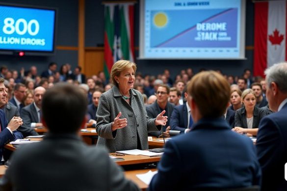 Una bulliciosa cámara parlamentaria europea, llena de un grupo diverso de políticos involucrados en discusiones intensas. La habitación está adornada con banderas de varios estados miembros de la UE, creando un telón de fondo vibrante. En primer plano, una prominente política, que recuerda a 'Ursula von der Leyen', se encuentra en un podio, dirigiéndose apasionadamente a sus colegas. Ella hace un gesto enfáticamente, su expresión es una mezcla de determinación y urgencia. A su lado, una pantalla grande muestra un gráfico que ilustra los 'planes de inversión' y el 'gasto de defensa', con números audaces que destacan los asombrosos '800 mil millones de euros'. La atmósfera se cobra, y algunos miembros asienten de acuerdo, mientras que otros parecen escépticos, surgiendo sus cejas. En el fondo, un grupo de políticos más jóvenes se acurruca juntos, discutiendo las implicaciones de las reformas propuestas de "acuerdo verde", sus expresiones una mezcla de preocupación y esperanza. Las paredes están decoradas con gr