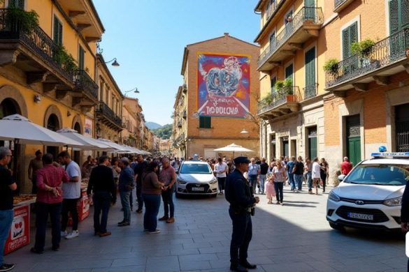 Una bulliciosa escena urbana en Girona, España, que muestra la atmósfera vibrante pero tensa que rodea los recientes desarrollos políticos. El primer plano presenta un grupo diverso de personas, algunas involucradas en discusiones animadas, mientras que otras parecen contemplativas, lo que refleja los sentimientos encontrados de la ciudad sobre la gobernanza de la Copa. En el fondo, un mural grande y colorido que representa el logotipo y los lemas de la copa se pinta en una pared de ladrillos, simbolizando su presencia en la comunidad. Los vendedores ambulantes están vendiendo manjares locales, y una pequeña multitud se reúne en un puesto de periódicos que muestra los últimos titulares sobre 'Fraus al Padró' y 'Control Municipal'. La calle está llena de arquitectura catalán tradicional, con balcones adornados con plantas en macetas. Un automóvil policial está estacionado cerca, insinuando las mayores medidas de seguridad, mientras que un agente en uniforme observa los alrededores. El cielo es un azul claro, c
