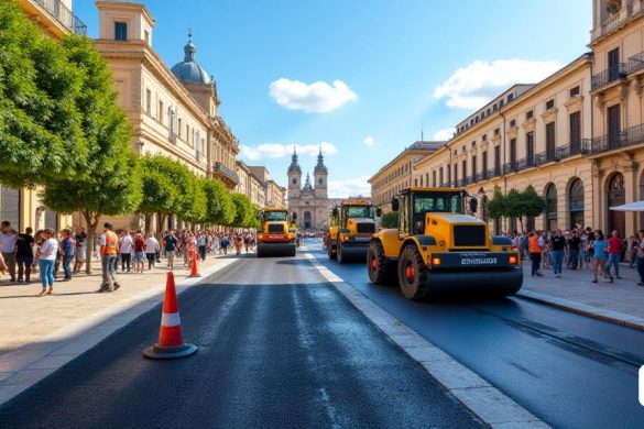 Una bulliciosa escena urbana en Reus, que muestra el trabajo de 'asfalto' en progreso en un día soleado. En primer plano, una tripulación de trabajadores en brillantes "chalecos de seguridad" y sombreros duros está ocupado operando maquinaria pesada, incluida una gran "pavimentadora de asfalto" y un "rodillo". El 'asfalto' es recién colocado, reluciente bajo la luz del sol, con un rico color negro que contrasta con las calles circundantes 'adoquinadas'. Cerca, un 'cono de tráfico' y 'señales de advertencia' indican la zona de trabajo, mientras que los curiosos espectadores observan desde una distancia segura. En el fondo, los 'edificios históricos' de Reus se mantienen alto, sus 'detalles arquitectónicos' destacados por el sol, creando un pintoresco telón de fondo. El cielo es un azul claro, salpicado con algunas 'nubes blancas' esponjosas, que se suma a la atmósfera vibrante de la ciudad. La escena captura la esencia del desarrollo urbano, con un enfoque en la "seguridad pública" y la "mejora de la comunidad