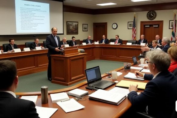 Una 'Cámara del Consejo Municipal' lleno de 'escritorios de madera' organizado en un semicírculo, donde los 'funcionarios locales' están sentados, involucrados en una 'reunión formal'. Los 'muros' están adornados con 'insignia del gobierno local' y 'banderas', creando una atmósfera de 'autoridad' y 'comunidad'. En primer plano, una 'mesa grande de madera' está abarrotada de 'documentos', 'computadoras portátiles' y 'blocs de notas', lo que indica una sesión ocupada. Una 'pantalla de proyector' muestra la agenda de la reunión, destacando puntos clave como 'modificaciones presupuestarias' y 'servicios comunitarios'. El 'alcalde', un individuo de mediana edad con un 'comportamiento seguro', se encuentra en el podio, que se dirige al ensamblaje con una 'expresión seria'. La audiencia, compuesta por 'miembros del consejo' y 'ciudadanos', escucha atentamente, algunos tomando notas. La iluminación es 'brillante', enfatizando la importancia de las discusiones que tienen lugar. En el fondo, un "reloj" se aleja, simbol