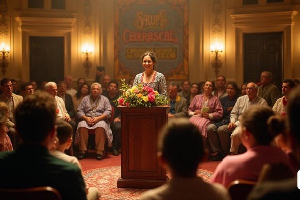 Una elegante sala de asambleas llena de 'miembros' del Grup de Danses Carrascal, que muestra una atmósfera vibrante. En el centro, un podio adornado con un arreglo floral simple, donde se encuentra 'Silvia Borrell Ballester', irradiando la confianza y el calor. Está vestida con un "disfraz folklórico" tradicional, simbolizando su profunda conexión con el patrimonio cultural de Alcoi. Al rodearla, los "miembros de apoyo" están sentados, algunos que sostienen boletas coloridas, sus expresiones son una mezcla de anticipación y orgullo mientras se preparan para emitir sus votos. En el fondo, se muestra un gran estandarte con las palabras 'Grup de Danses Carrascal', enfatizando el compromiso del grupo para preservar la 'cultura popular'. Por un lado, se ve a 'Juana Plaza' dando un discurso de despedida emocional, su rostro refleja una mezcla de nostalgia y satisfacción, con algunas 'lágrimas de alegría' brillando en sus ojos. La habitación está decorada con motivos tradicionales 'alcohes', y la cálida iluminación