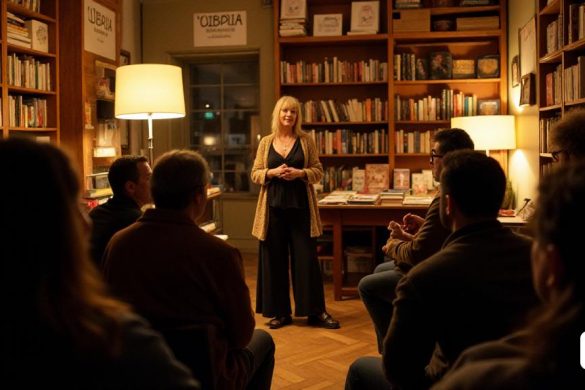 Una escena acogedora e íntima se desarrolla dentro del ambiente cálido y acogedor de 'Llibreria ona', una pintoresca librería adornada con estantes de madera llenos de libros. El evento es una presentación de libros para el nuevo trabajo de Montse Castellà, 'Que Hi Brolle Vida I llum', bajo la atenta mirada de las pancartas de 'Voliana Edicions'. La habitación está suavemente iluminada, lanzando un tono dorado sobre la audiencia, que consiste en oyentes comprometidos, algunos asintiendo en aprecio mientras absorben las palabras que se comparten. Montse Castellà está a la vanguardia, exudando una sensación de calidez y pasión, su presencia complementada por sus dos amigos cercanos, 'Carme Forcadell' y 'Pep Cruz', que se sientan cerca. 'Pep Cruz' está recitando la canción 'ETS', su voz rica y emotiva, resonando en todo el espacio, mientras que 'Carme Forcadell' comparte anécdotas que evocan risas y nostalgia. El público está cautivado, sus caras iluminadas por el suave brillo de las lámparas cercanas, lo que re