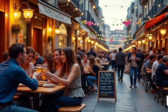 Una escena animada que representa la atmósfera vibrante del festival 'Cintas Gaudí' en Riudoms. La imagen captura una calle bulliciosa llena de personas de todas las edades que disfrutan de las festividades. Las pancartas y decoraciones coloridas adornan los escaparates de los 'bares' y 'restaurantes' participantes, cada una mostrando sus creaciones únicas de 'tapa'. Las mesas se encuentran afuera, donde los amigos y las familias se reúnen, la risa y la charla llenan el aire. En primer plano, un grupo de amigos toca sus vasos llenos de bebidas, celebrando la alegría de la unión. Un letrero de pizarra resalta la oferta de '3,50 €' para una tapa y bebida, invitando a los transeúntes a unirse. En el fondo, los músicos del grupo 'VA de Vent Vent' tocan melodías animadas, que se suman al ambiente festivo, mientras que una pequeña multitud baila cerca, que encarna la iniciativa 'Ritme' de las cintas '. El cielo de la tarde emite un brillo cálido, mejorando el ambiente acogedor del evento, con personas que comparten