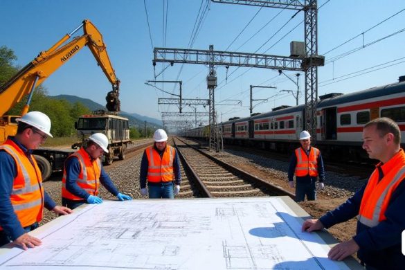 Una escena bulliciosa en un sitio de construcción ferroviaria en 'Roda de Berà', donde los trabajadores participan activamente en tareas de 'mantenimiento' y 'reparar'. En primer plano, un grupo de 'ingenieros' en brillantes 'chalecos de seguridad' y sombreros duros se recogen en torno a un gran 'planos' extendidos en una mesa, discutiendo los planes de 'infraestructura'. Cerca, una 'grúa' está levantando materiales pesados, mientras que otro trabajador está inspeccionando el sistema 'Catenary', asegurando que las 'líneas eléctricas' estén aseguradas adecuadamente. En el fondo, un 'tren' está estacionado en las vías, con sus puertas abiertas, mientras los 'pasajeros' esperan para abordar. La atmósfera está llena de una sensación de urgencia y colaboración, ya que el 'equipo' trabaja diligentemente para resolver las 'incidencias' recientes que afectan el servicio. El cielo es un azul claro, contrastante con los colores vibrantes del equipo de construcción y la 'vegetación' que rodea el área, simbolizando la es
