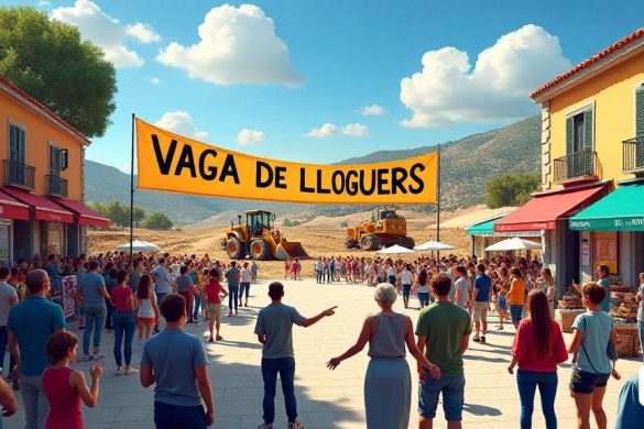 Una escena callejera vibrante y bulliciosa en Sitges, que muestra a un grupo diverso de personas reunidos alrededor de una gran y colorida pancarta que dice 'Vaga de Lloguers' en letras audaces. La atmósfera se encarga de una sensación de urgencia ya que los manifestantes sostienen pancartas con mensajes que defienden viviendas asequibles, con frases como 'hábitatge digne' y 'atura la privatització' que se muestran prominentemente. En el fondo, es visible un sitio de construcción, con maquinaria pesada como excavadoras y excavadoras que limpian activamente la tierra para la nueva clínica privada, que se aunde en la distancia. El cielo es un azul brillante, salpicado de nubes blancas esponjosas, lanzando sombras suaves en la escena. Cerca, un grupo de niños juega mientras los adultos participan en discusiones animadas, algunos apuntando hacia el sitio de construcción, simbolizando los sentimientos encontrados de la comunidad sobre el progreso y la preservación. Se establece una pequeña cabina que vende copias