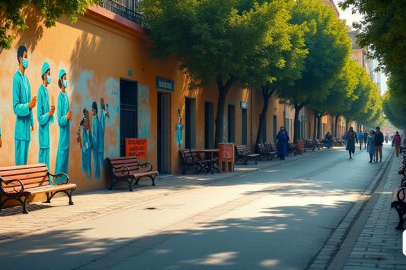 Una escena conmovedora que captura la esencia de los últimos cinco años desde la declaración del estado de alarma debido a Covid-19. La imagen presenta una calle urbana desierta, con carreteras 'vacías' y bancos 'abandonados', simbolizando la quietud que envolvió las ciudades de todo el mundo. En primer plano, un mural 'vibrante' pintado en una pared representa a los trabajadores de la salud en acción, usando 'equipo de protección' y 'máscaras', que representa su valentía durante la pandemia. El fondo muestra un café 'cerrado' con sillas apiladas en mesas y un 'aviso' en la puerta que lee 'cerrado por seguridad'. Un sol 'brillante' arroja largas sombras, insinuando la esperanza de la recuperación. Dispersos son signos caseros 'coloridos' que agradecen a los trabajadores esenciales, con frases como 'grràcies' y 'héroes'. En la distancia, se puede ver a un grupo de personas "pequeños" manteniendo la distancia social mientras usa "máscaras", participando en una videollamada en sus teléfonos, ilustrando el cambio