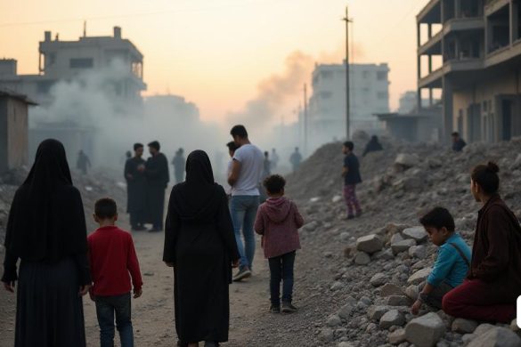 Una escena conmovedora que representa la 'crisis humanitaria' en la 'Franja de Gaza', donde es evidente las secuelas del conflicto. En primer plano, un grupo de 'civiles', incluidos 'mujeres' y 'niños', se reúnen en medio de los escombros de 'edificios destruidos', sus expresiones que reflejan el 'miedo' y la 'desesperación'. El fondo muestra 'humo' que se eleva de los restos de las estructuras, con 'escombros' dispersos por el suelo. Un "hospital improvisado" es visible, con el "personal médico" que atiende a "individuos lesionados", destacando el "colapso" de los centros de salud. La atmósfera está pesada con un sentido de 'urgencia' y 'vulnerabilidad', ya que la comunidad enfrenta una grave falta de 'suministros básicos' como 'alimento', 'agua' y 'recursos médicos'. La imagen captura la esencia de los esfuerzos de 'respuesta a emergencias', con voluntarios y trabajadores humanitarios activamente comprometidos a brindar apoyo, simbolizando la esperanza en medio del caos. El tono general de la imagen transmi