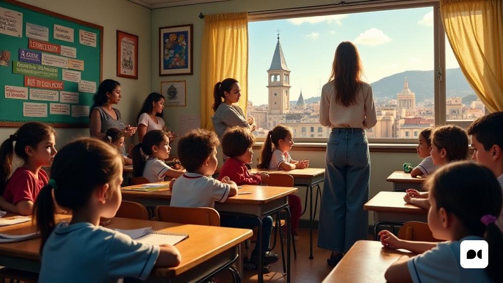 Una escena conmovedora se desarrolla en un aula bulliciosa 'Barcelona', donde un grupo diverso de 'niños' se sienta en sus escritorios, sus expresiones una mezcla de curiosidad y preocupación. El 'tutor', una figura compasiva, se encuentra al frente, observando atentamente a los estudiantes por signos de angustia, como 'ausentismo' y 'Canvis de conducta'. En el fondo, un tablón de anuncios muestra un póster colorido titulado 'Sense Hábitatge No HA Educación', que simboliza el mensaje urgente del nuevo protocolo. Cerca, un 'educador social' se involucra con una familia, brindando apoyo y orientación, mientras que un pequeño grupo de maestros se acurruca juntos, discutiendo estrategias para abordar los desafíos planteados por los 'desnonamentos'. Fuera de la ventana, el paisaje urbano de Barcelona es visible, con su arquitectura icónica que sirve como un marcado contraste con las luchas que enfrentan muchas familias. La atmósfera se encarga de un sentido de urgencia y solidaridad, ya que la comunidad se une par