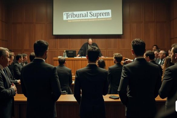 Una escena de la corte llena de tensión y anticipación. En primer plano, un grupo de 'abogados' vestidos con 'trajes' formales se dedican a una acalorada discusión, sus expresiones una mezcla de determinación y preocupación. El 'juez', una figura severa en una túnica negra, preside los procedimientos desde un banco elevado, mirando hacia abajo con un comportamiento serio. Detrás de los abogados, una pequeña audiencia de 'periodistas' y 'espectadores' está tomando notas y susurrando entre ellos, sus caras reflejan curiosidad e intriga. Las paredes de la sala del tribunal están adornadas con 'paneles de madera' y 'libros legales', creando una atmósfera de autoridad y tradición. En el fondo, una gran 'pantalla' muestra las palabras 'Tribunal Suprem' en letras negritas, enfatizando la importancia del caso. La iluminación es tenue, con un foco iluminando las figuras centrales, lanzando sombras largas que se suman al efecto dramático de la escena. El aire está lleno de peso de las implicaciones legales que rodean e