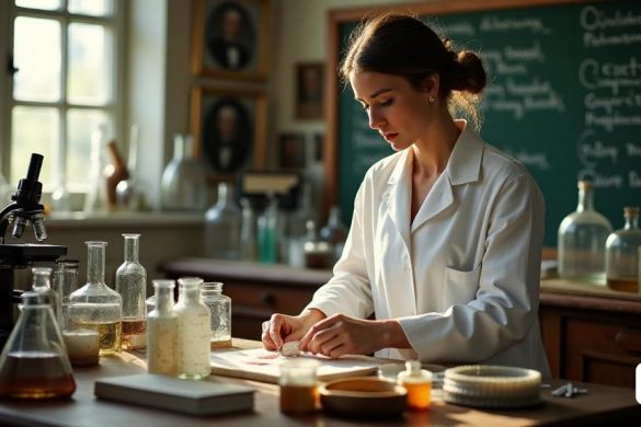 Una escena de laboratorio vintage que representa a una "científica" a principios del siglo XX, rodeada de vasos de vidrio y microscopios. La habitación está llena de 'luz natural' que transmite a través de grandes ventanas, iluminando el banco de trabajo de madera abarrotado de 'platos de petri' y 'toboganes'. El científico, Andromachi, se centra en preparar una muestra de 'mancha vaginal', con una capa de laboratorio blanca y guantes protectores. Su cabello está diseñado en un updo clásico, y tiene una expresión determinada en su rostro. En el fondo, una pizarra muestra notas escritas a mano sobre 'ciclos ovulatorios' y 'fases celulares'. La atmósfera es de concentración intensa e investigación innovadora, que simboliza la colaboración entre Andromachi y Georgios Papanicolaou. Las paredes están adornadas con fotografías enmarcadas de 'figuras históricas' en la ciencia, insinuando el legado de su trabajo en salud ginecológica.