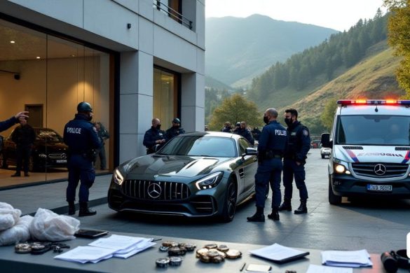Una escena detallada que representa una operación coordinada de aplicación de la ley que involucra la 'Policia d’Andorra', 'Gendarmeria Nacional Francesa' y 'Policia Nacional Espanyola'. En primer plano, un grupo de oficiales uniformados, que usan equipo táctico azul oscuro y verde, se ven examinando un vehículo de lujo, un elegante 'automóvil de alta gama' con un exterior brillante, estacionado fuera de un concesionario moderno. El concesionario, ubicado en 'Campe', cuenta con grandes ventanas de vidrio que muestran más vehículos de lujo. En el fondo, se estaciona una camioneta policial con luces intermitentes, y varios oficiales se dedican a discusiones, señalando documentos y computadoras portátiles. Cerca, una pila de artículos confiscados, que incluyen 'relojes de lujo' y bolsas llenas de papeleo, es visible en una mesa. La atmósfera es tensa pero organizada, con un sentido de urgencia a medida que los investigadores colaboran, mostrando el esfuerzo internacional contra el 'lavado de dinero' y el 'fraude