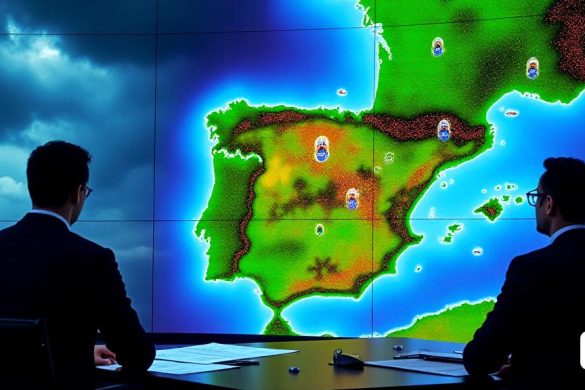 Una escena dramática que representa un mapa de 'pronóstico del tiempo' de España, destacando la próxima 'onda de agua fría' como lo predijo Aemet. El mapa está lleno de colores vibrantes, que ilustran regiones con 'fuertes lluvias' y 'anomalías de temperatura'. Las partes norte y central de España están marcadas en azul profundo, lo que indica 'temperaturas superiores al promedio', mientras que las áreas del sur se muestran en verde, simbolizando una mayor humedad. Pequeños iconos de 'gotas de lluvia' y 'termómetros' se encuentran dispersos por el mapa, enfatizando los cambios climáticos esperados. En el fondo, un cielo nublado se cierne con nubes oscuras y siniestras, insinuando la "precipitación abundante" por venir. La atmósfera se encarga de anticipación, ya que los meteorólogos analizan los datos, rodeados de mapas y gráficos, que muestran sus hallazgos en pantallas grandes. El estado de ánimo general transmite una sensación de urgencia y curiosidad sobre los 'patrones climáticos inusuales' que marzo tra