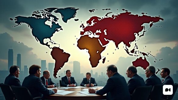 Una escena dramática que representa un 'mapa global' con varias 'zonas de influencia' destacada en colores vibrantes. El mapa se superpone con símbolos que representan 'poder' y 'autoridad', como 'Águilas' y 'banderas' de diferentes naciones, incluidos los 'Estados Unidos', 'China', 'Rusia' e 'India'. En primer plano, un grupo de 'líderes políticos' se dedica a una acalorada discusión, sus expresiones intensas y enfocadas, rodeadas de documentos y pantallas digitales que muestran 'datos' y 'estrategias'. El fondo presenta un 'horizonte de la ciudad' con imponentes 'rascacielos' que simboliza el poder económico, mientras que las nubes oscuras se cierran sobre la cabeza, lo que sugiere 'tensión' y 'incertidumbre' en las relaciones internacionales. La atmósfera general es de urgencia y cambio inminente, capturando la esencia de un mundo al borde de un "nuevo orden imperial".