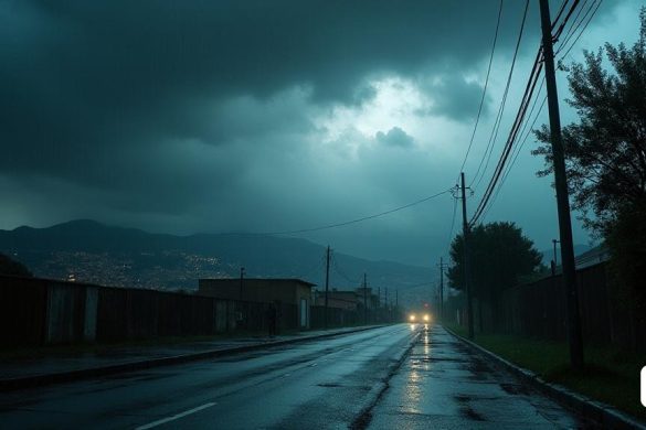 Una escena dramática se desarrolla como nubes oscuras y 'ominales' se reúnen sobre las regiones 'orientales' de España, particularmente sobre Tarragona, Castelló, València y el noroeste de Múrcia. El cielo es una mezcla giratoria de 'gris' y 'negro', con destellos de 'rayo' iluminando las nubes, insinuando las tormentas 'intensas' predichas. A continuación, el paisaje está empapado, con gotas de lluvia 'pesadas' que caen implacablemente, creando una atmósfera 'brumosa'. Puddles se forman en las calles, reflejando el cielo 'sombrío'. A lo lejos, las 'montañas' están parcialmente oscurecidas por la lluvia 'gruesa', mientras que los árboles cercanos se balancean violentamente en los vientos 'fuertes'. El aire está acusado de anticipación, ya que los lugareños miran hacia arriba, conscientes de las advertencias del meteorólogo Roberto Brasero sobre el potencial de 'inundaciones' y 'deslizamientos de tierra'. La escena captura la esencia de una 'alerta del clima', con una sensación de urgencia palpable en el aire.