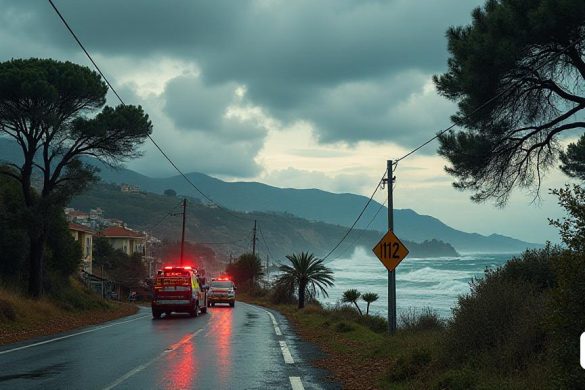 Una escena dramática se desarrolla en Catalunya como las secuelas de un poderoso 'Temporal de Vent' es evidente. El cielo es una mezcla tumultuosa de oscuro girando ominamente de las 'nubes de tormenta', lanzando sombras sobre el paisaje. En primer plano, los 'árboles' caídos ensucian las calles, algunos que se han estrellado en 'vehículos' y 'casas', mientras que los servicios de emergencia, incluidos los 'Bombarderos de la Generalitat', están respondiendo activamente a numerosas llamadas. El número 112 del "teléfono de emergencia" se muestra prominentemente en un signo cercano, simbolizando la urgencia de la situación. En el fondo, una 'línea de alimentación caída' se enciende ligeramente, lo que indica las interrupciones eléctricas que afectan a '1.435 suscriptores' en el 'ALT Empordà'. El viento es visiblemente fuerte, con 'escombros' girando en el aire, y una 'señal de carretera' cercana se dobla en un ángulo incómodo debido a la fuerza de las ráfagas. La 'costa' es turbulenta, con 'olas' que se estrella