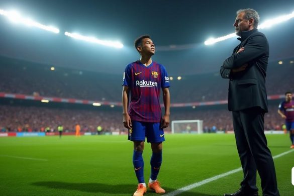 Una escena dramática se desarrolla en un campo de fútbol vibrante, donde la tensión es palpable. En primer plano, 'Lamine Yamal', un extremo derecho joven y talentoso, se representa con una ceja fruncida, su expresión una mezcla de frustración y determinación. Lleva la icónica camiseta 'FC Barcelona', los colores de azul profundo y granate que contrastan bruscamente contra la exuberante hierba verde. Detrás de él, 'Hansi Flick', el entrenador severo alemán, se encuentra con los brazos cruzados, su mirada se fijó intensamente en el juego, encarnando la autoridad y el enfoque. El fondo presenta un estadio lleno, con fanáticos en un frenesí, ondeando banderas y pancartas, sus caras una mezcla de esperanza y ansiedad. La atmósfera es eléctrica, con los reflectores que iluminan el campo, lanzando sombras dramáticas. En la distancia, se ve 'Ferran Torres' calentándose, listo para tomar el lugar de Yamal, simbolizando la feroz competencia por las posiciones dentro del equipo. La escena captura la esencia del fútbol