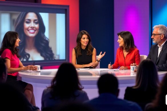 Una escena dramática se desarrolla en un elegante estudio de televisión, donde un panel de cuatro anfitriones se sienta alrededor de una mesa elegante y moderna. El telón de fondo está adornado con colores vibrantes y gráficos dinámicos, lo que refleja la atmósfera animada de un programa de entrevistas. En el centro, Marta Riesco, una mujer segura con 'cabello oscuro largo y fluido' y 'características afiladas', gestos animados mientras habla, su expresión una mezcla de 'determinación' y 'preocupación'. A su derecha, un coanfitrión masculino con "cabello corto y cuidadosamente estilo" escucha con atención, su ceño fruncido en el pensamiento, mientras que otra anfitriona femenina, vestida con una "blusa de colores brillantes", se inclina hacia adelante, intrigada por la discusión que se desarrolla. El cuarto anfitrión, un "hombre de mediana edad con gafas", toma notas, su expresión seria mientras procesa las controvertidas revelaciones sobre Joaquín Sánchez. El estudio está iluminado con 'iluminación suave y c