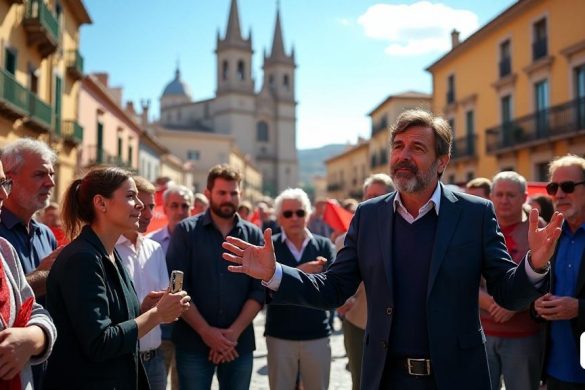 Una escena dramática se desarrolla en una bulliciosa plaza de la ciudad de tortosa, donde los colores vibrantes de los edificios contrastan con el cielo azul claro. El sol arroja un cálido brillo en las calles adoquinadas, reflejando la animada atmósfera de la ciudad. En primer plano, un grupo de ciudadanos apasionados, algunos que sostienen pancartas con las palabras 'juntas per tortosa', se reúnen en una discusión enérgica, sus expresiones una mezcla de determinación y preocupación. Entre ellos, un orador carismático, posiblemente ò òscar ologaray arasa, gestica enfáticamente mientras se dirige a la multitud, su rostro animado con convicción. Detrás de él, la arquitectura histórica de Tortosa sirve como telón de fondo, con la majestuosa catedral en la distancia, simbolizando la rica herencia de la ciudad. La atmósfera se cobra de energía, ya que los espectadores escuchan atentamente, algunos asienten de acuerdo, mientras que otros toman notas en sus teléfonos inteligentes. La escena captura un momento cruci