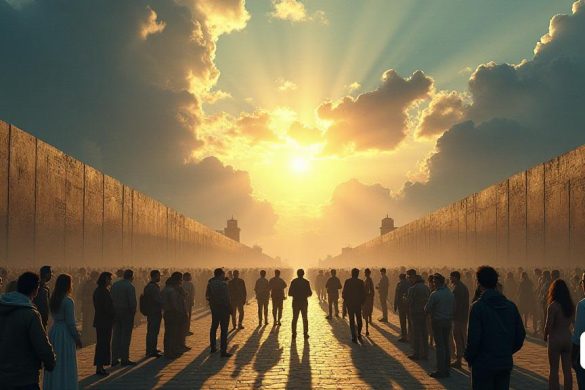 Una escena estimulante que representa una 'ciudad' en la encrucijada de 'apertura' y 'aislamiento'. El primer plano presenta un grupo diverso de personas involucradas en discusiones animadas, simbolizando la 'familia' de ideas en torno a la 'crisis como oportunidad'. En el fondo, un gran 'muro' representa el concepto de 'autonomía estratégica', con sombras de amenazas 'militares' y 'comerciales' que se avecinan sobre él. El horizonte es una combinación de 'arquitectura' moderna y 'fortificaciones' antiguas, que ilustra la tensión entre el 'neoliberalismo' y el deseo de una 'sociedad justa'. Arriba, las nubes oscuras simbolizan la "angustia" de los posibles conflictos, mientras que los rayos de luz solar se abren, insinuan la "esperanza" para un nuevo orden político. La atmósfera general es una de la 'tensión dinámica', que captura la esencia de un mundo lidiando con su identidad en medio de presiones externas.