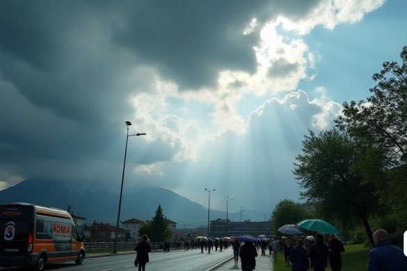 Una escena meteorológica dramática se desarrolla en el cielo, que muestra una interacción 'dinámica' de 'nubes de tormenta oscuras' y 'parches brillantes de luz solar'. El primer plano presenta un 'paisaje urbano bullicioso' con personas que se apresuran por las calles, algunas sosteniendo 'paraguas' contra la inminente lluvia. En el fondo, las 'montañas' están parcialmente oscurecidas por las 'gruesas nubes', insinuando la 'nevada' esperada en altitudes más bajas. Los 'árboles' balancean suavemente en los 'vientos fuertes', sus hojas susurran, mientras que una 'camioneta meteorológica' con el logotipo de Antena 3 está estacionado cerca, simbolizando la urgencia del informe meteorológico. La atmósfera general es de anticipación y tensión, ya que se acerca el 'Borrasca Konrad', prometiendo 'tormentas intensas' y una caída significativa en las temperaturas. El cielo pasa de 'gris' a 'azul', que ilustra el breve respiro antes de que llegue la próxima ola de 'mal tiempo'.