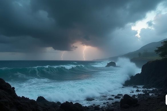 Una escena meteorológica dramática se desarrolla sobre el 'Océano Atlántico', donde se reúnen las oscuras y siniestras 'nubes de tormenta', girando en tonos de gris profundo y negro. El 'Borrasca Konrad' se avecina, su presencia se sintió en las turbulentas 'ondas' que se estrellan contra las costas rocosas de las 'Açores'. En primer plano, una costa resistente está maltratada por el mar implacable, con 'espuma blanca' rociando el aire. El cielo es una mezcla caótica de destellos de 'rayos' que iluminan las nubes, mientras que las ráfagas de viento azotan el paisaje, lo que hace que los 'árboles' se doblen y se balanceen. En la distancia, se puede ver un débil débil de la 'Península ibèrica', envuelto en niebla, insinuando los inminentes cambios climáticos que afectarán 'Barcelona' y 'Catalunya'. La atmósfera está acusada de anticipación, ya que el 'aire frío' del norte comienza a fusionarse con la tormenta, prometiendo un cambio en el patrón climático. La escena captura el poder crudo de la naturaleza, con u