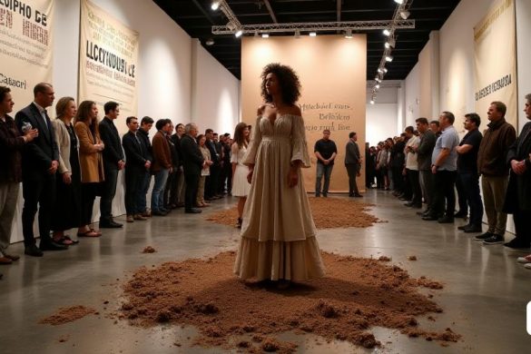 Una escena poderosa se desarrolla en ARCO 2025, donde 'Lluci Juan', un artista apasionado, se encuentra en medio de una multitud, su presencia llamando la atención. Está adornada con un vestido fluido de tonos de la tierra que refleja la 'arcilla' que ha traído de la 'paiporta', simbolizando la 'inundación' que ha impactado a su comunidad. El suelo debajo de sus pies hay una mezcla de "lodo" crudo y oscuro, restos del reciente desastre, creando un marcado contraste contra los pisos pulidos del espacio de exhibición. Detrás de ella, grandes pancartas muestran mensajes conmovedores de 'crisis cultural' y 'resiliencia comunitaria', mientras que la atmósfera se encarga de un sentido de urgencia y solidaridad. La iluminación es suave pero enfocada, destacando las texturas de la 'tierra' y las expresiones de los asistentes, que son una mezcla de artistas, críticos y ciudadanos preocupados. En el fondo, una instalación sorprendente titulada 'Mapas' por 'Misael del Rosario' se avecina, alcanzando una altura impresion
